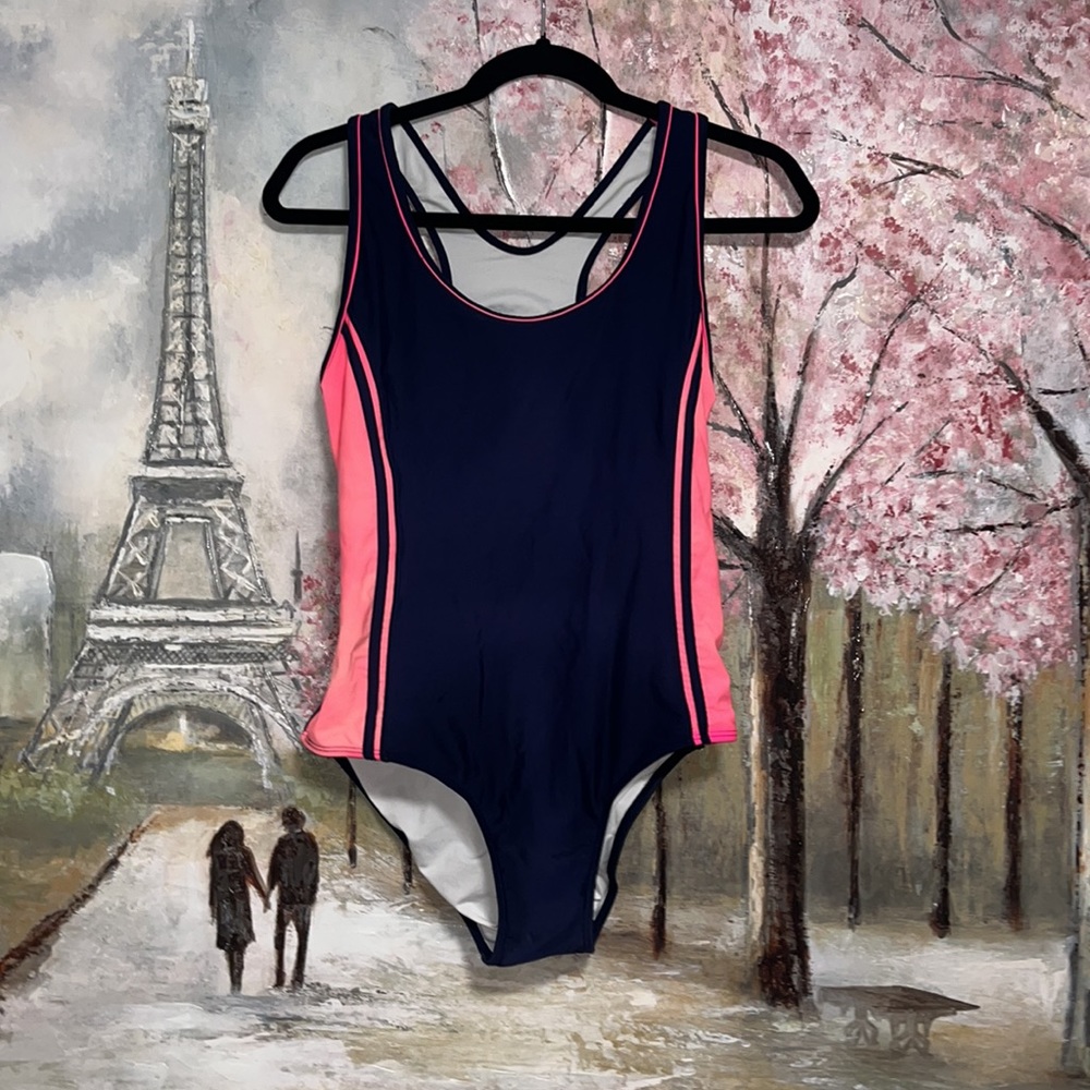 Uhnice Women's One Piece Navy Blue and Pink Stripe Swimsuit Racing Training sz L